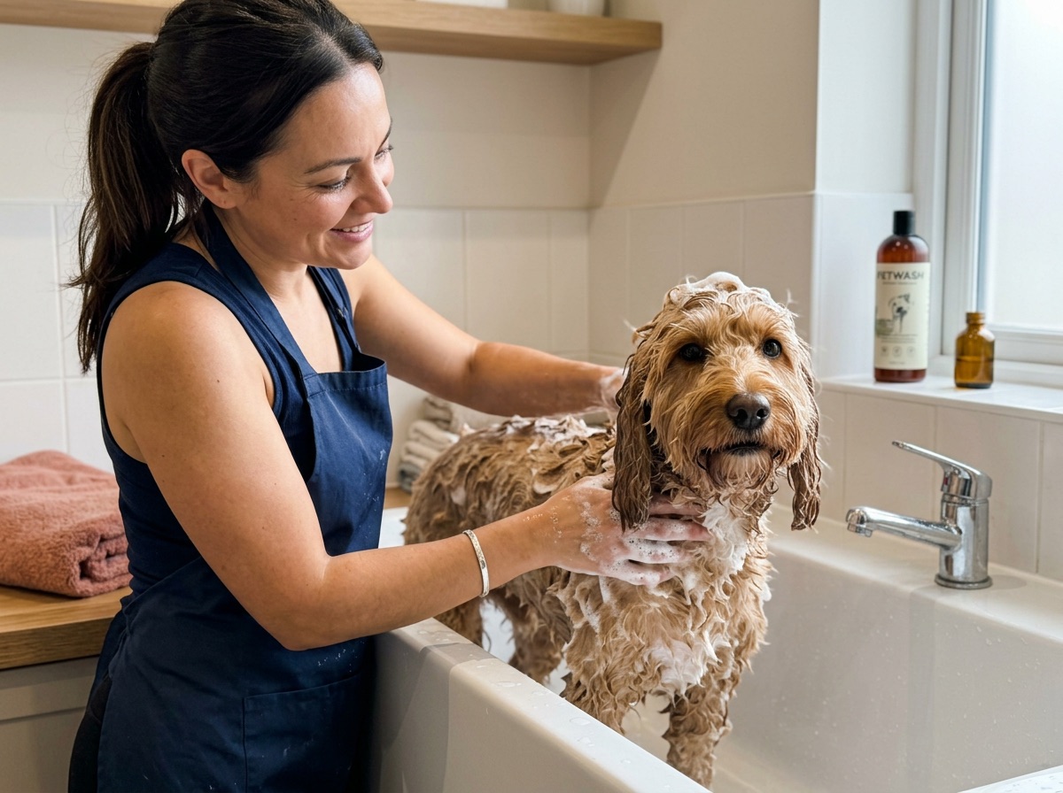Baño de un perro en la peluquería