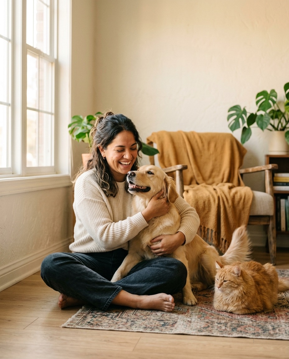 Dueña abrazando a su golden retriever, con su gato al lado, en casa