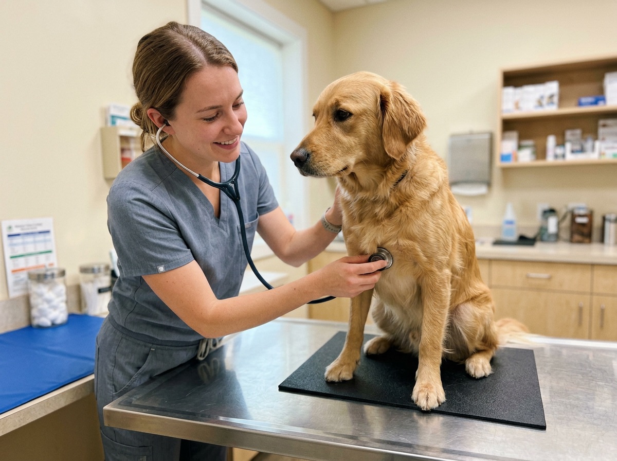 Veterinaria auscultando a un perro