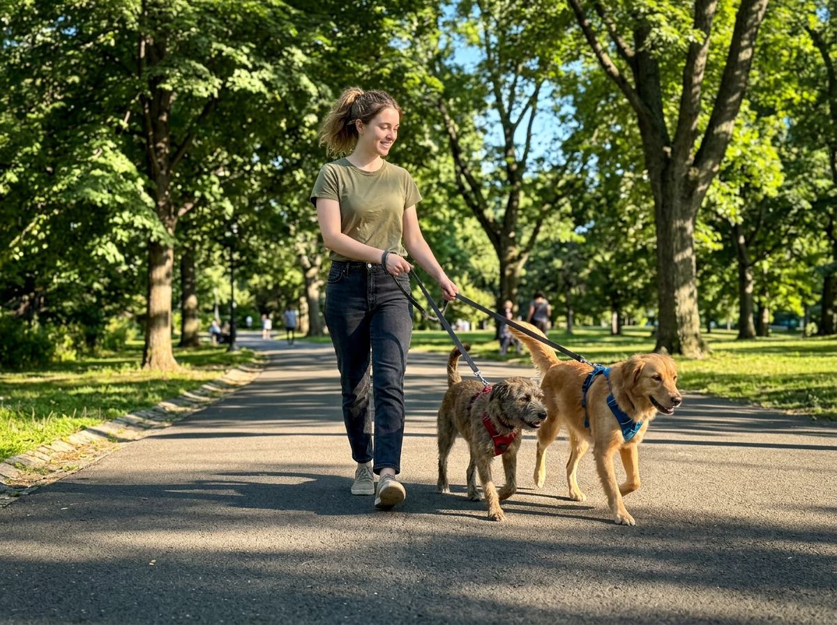Paseando dos perros en el parque